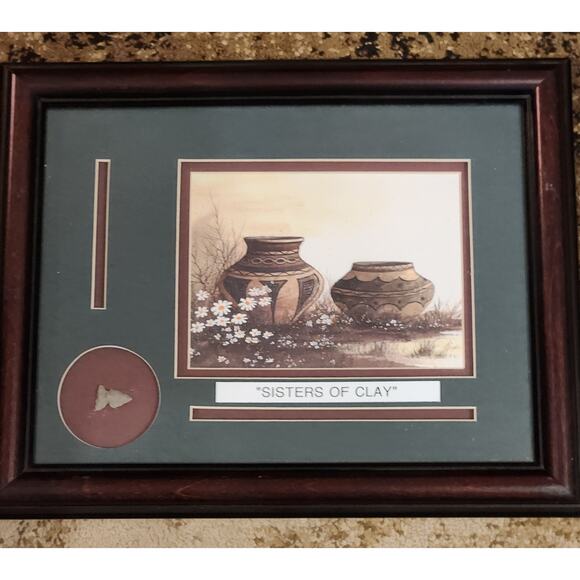 Native American Painting and Real Arrow Head Matted and Framed SISTERS OF CLAY - Picture 3 of 6
